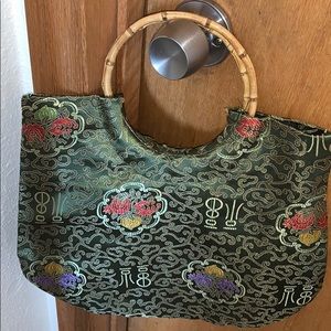 Green satin Lotus Flower Print Purse Fully Lined